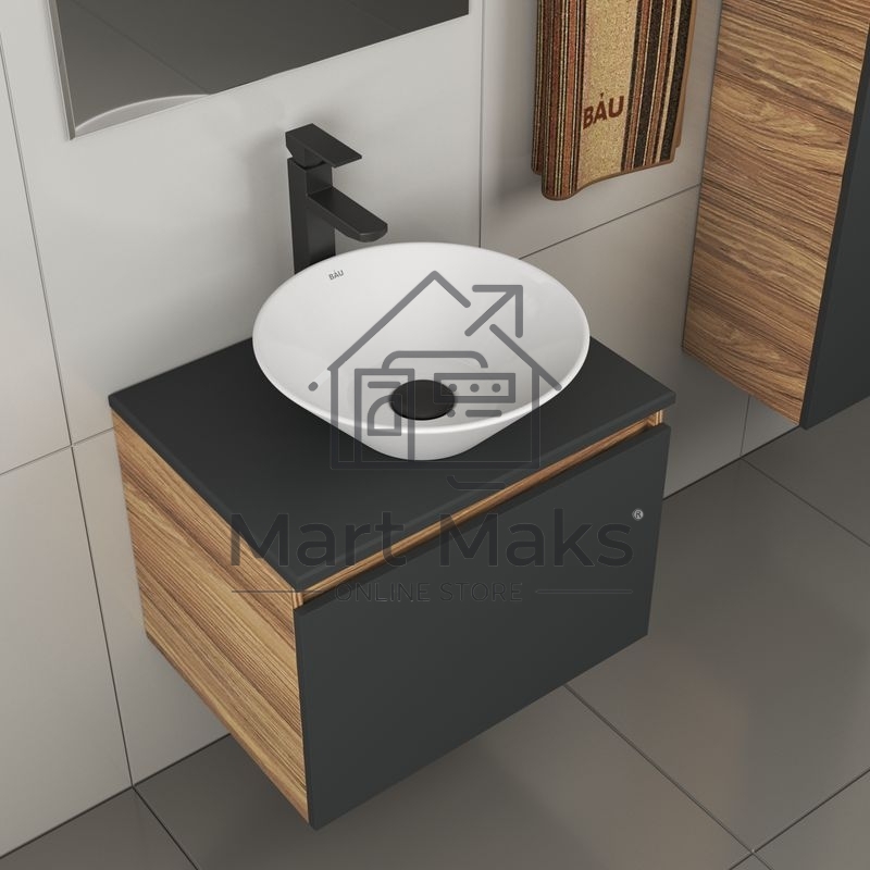 Комплект для ванной, 4 предмета (тумба Bau 60, графит + раковина BAU Dream D43 + смеситель Hotel Black, выпуск клик-клак, черный)