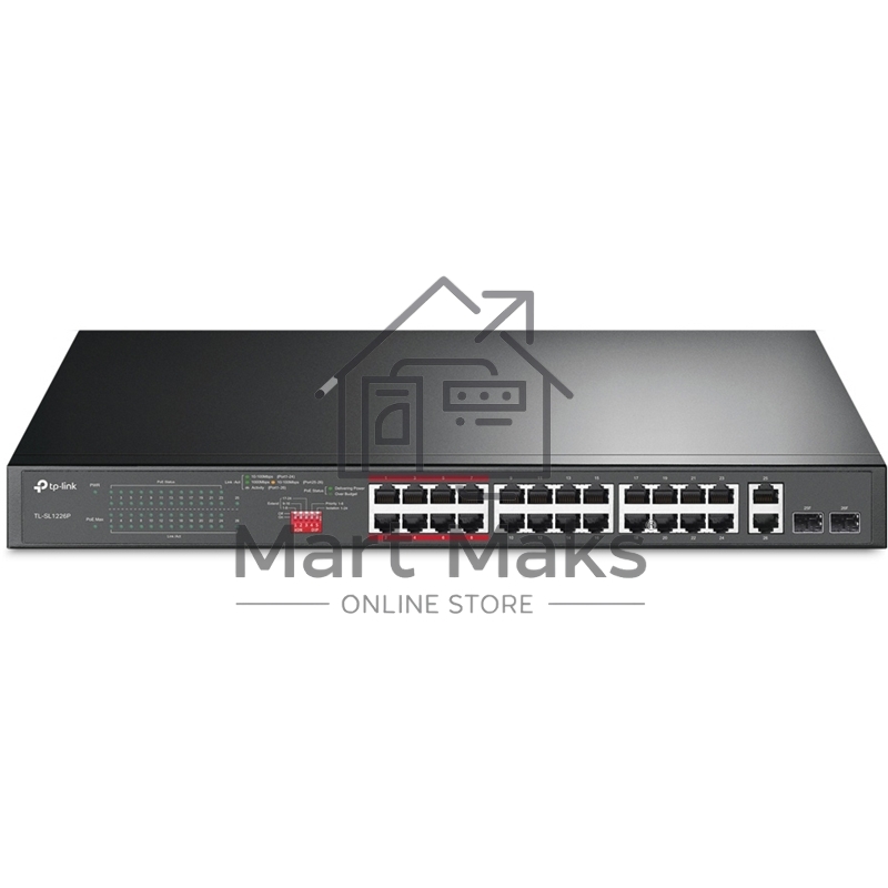 Коммутатор 24-port 10/100Mbps Unmanaged PoE+ Switch with 2 combo RJ-45/SFP uplink ports, metal case, rack mount, 24 802.3af/at compliant PoE+ ports, 2 gigabit combo RJ-45/SFP uplink ports, DIP switches for Extend mode, Isolation mode and Priority mode, up