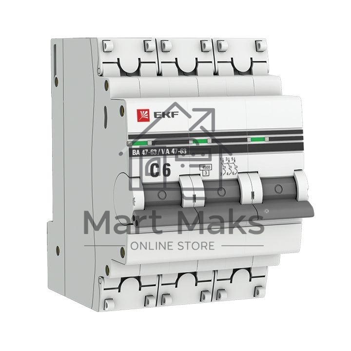 Автоматический выключатель EKF mcb4763-3-06C-pro 3P 6А (C) 4,5kA ВА 47-63 EKF PROxima