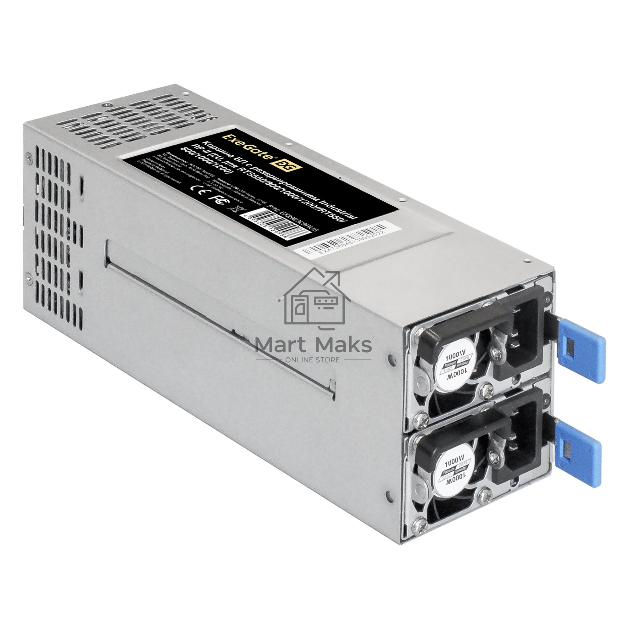Серверный блок питания 2U Redundant 2x1000W ExeGate EX292323RUS Industrial-RTS1000 (APFC, КПД 94% (80 PLUS Platinum), 4 cm fan, 24pin, 2x(4+4)pin, 2PCIe, 2SATA, 6IDE, Cable Management)