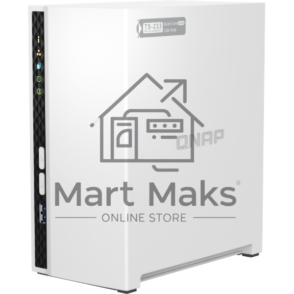Сетевое хранилище SMB QNAP TS-233 NAS 2 HDD trays. ARM 4-core Cortex-A55 2.0GHz, ram 2 GB (max), 1x1GbE, 2xUSB 2.0 port,1xUSB 3.2 Gen 1