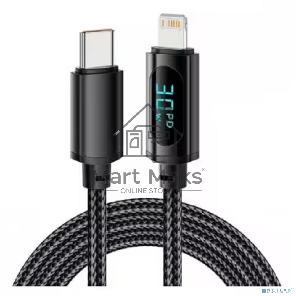Кабель Rexant Type-C – Lightning для Apple, 3А, 1м, в черной нейлоновой оплетке, с LED-дисплеем