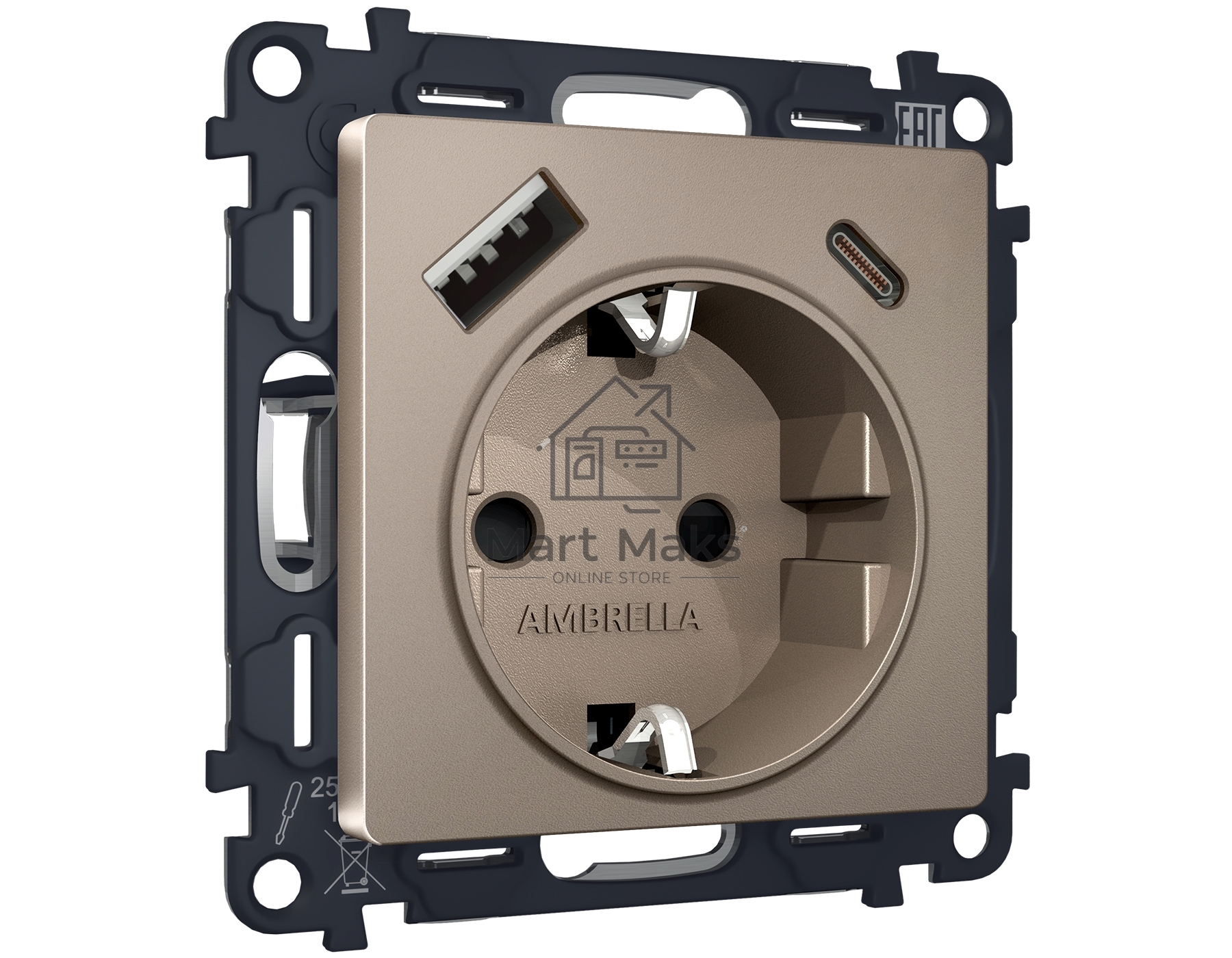 Комплект механизма электрической розетки ALFA Темная бронза матовый 2USB A+C 20W (быстрая зарядка) с/з QUANT (AP6400, VM160) MA640010