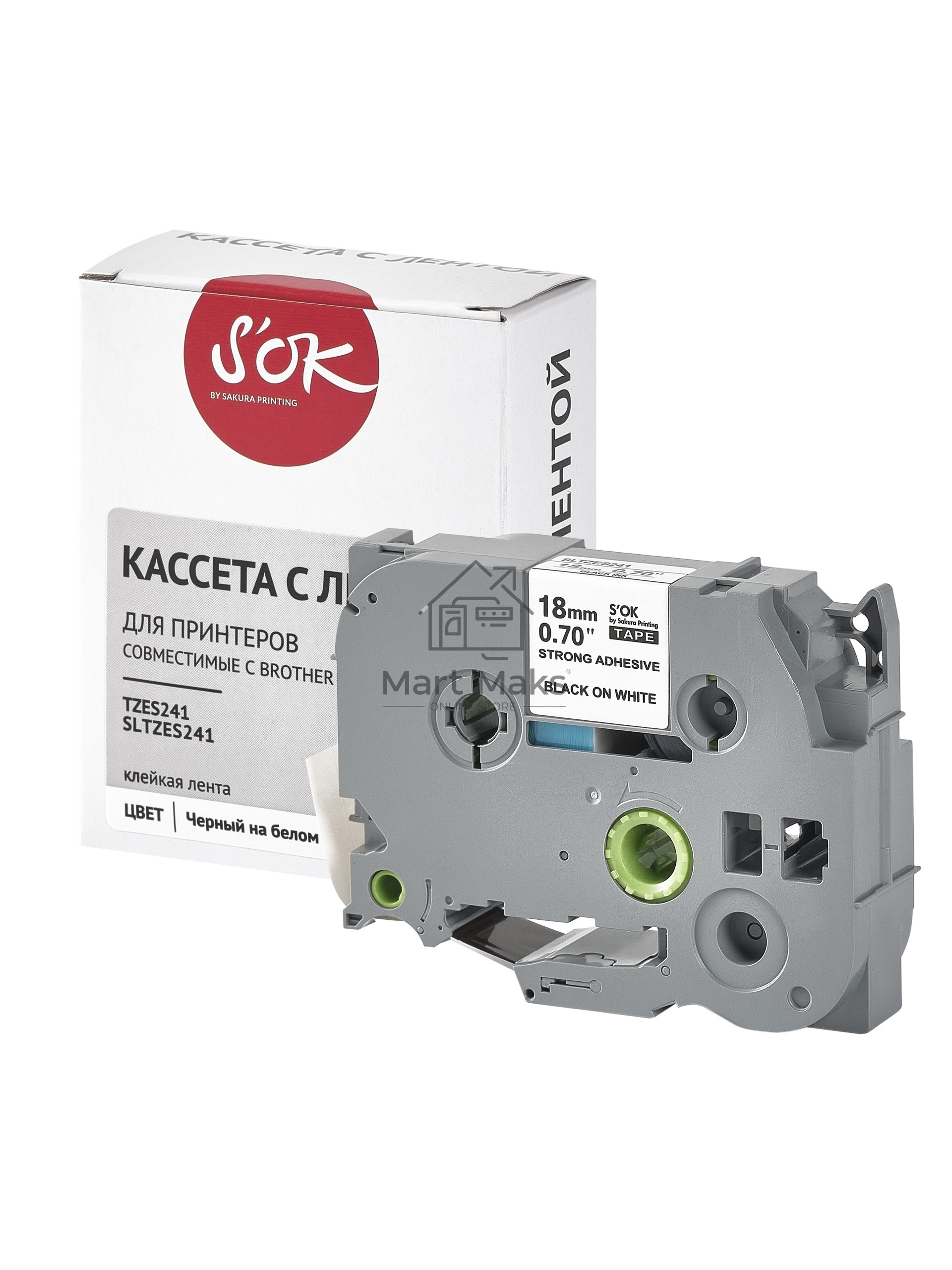 Кассета с лентой S'OK by Sakura Printing TZES241 для Brother, черный на белом, 18мм/8м, наклейка