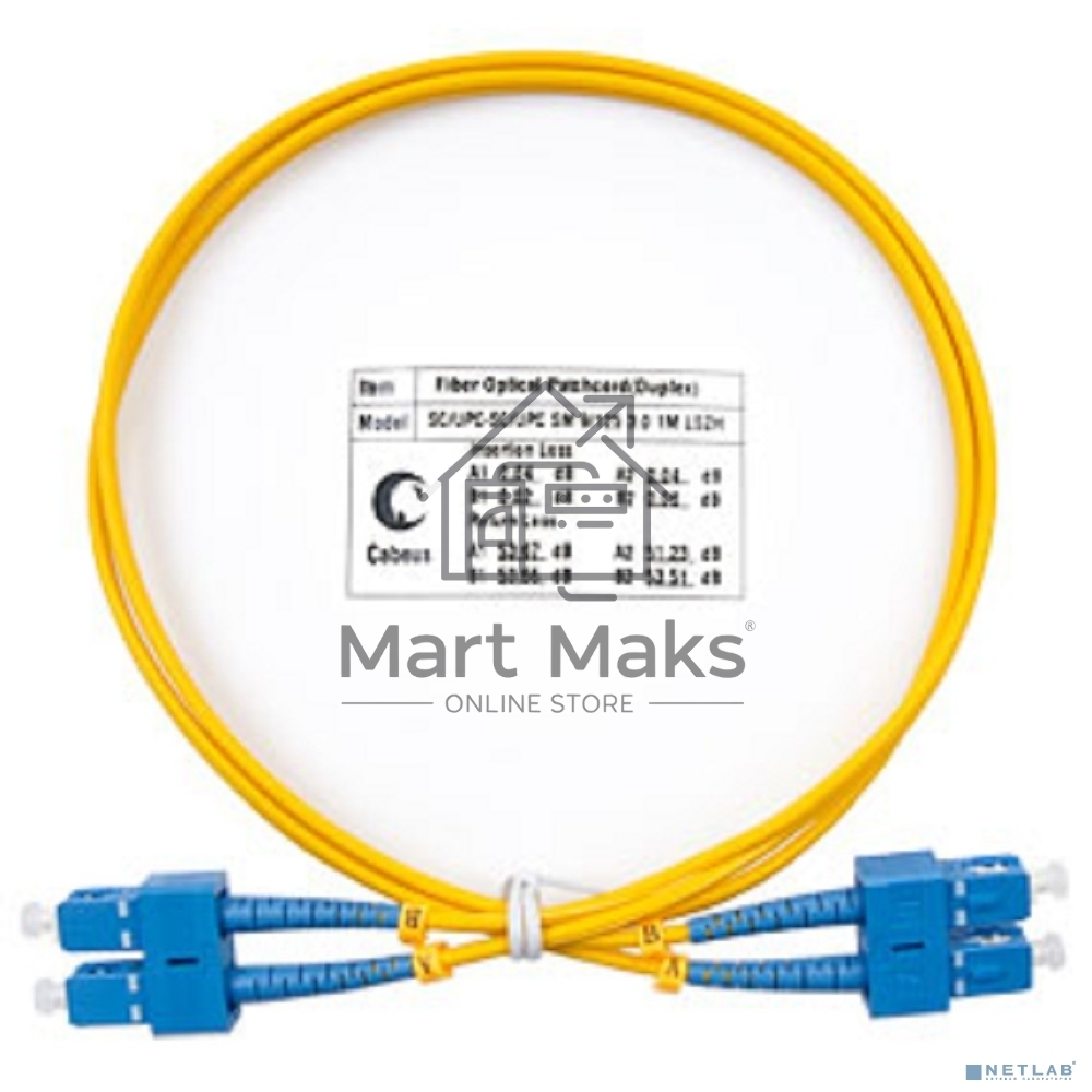 Комм. шнур оптический Cabeus Tight Buffer, Duplex SC/SC, OS2 9/125, LSZH, 1м, Ø 2мм, синий хвостовик, желтый