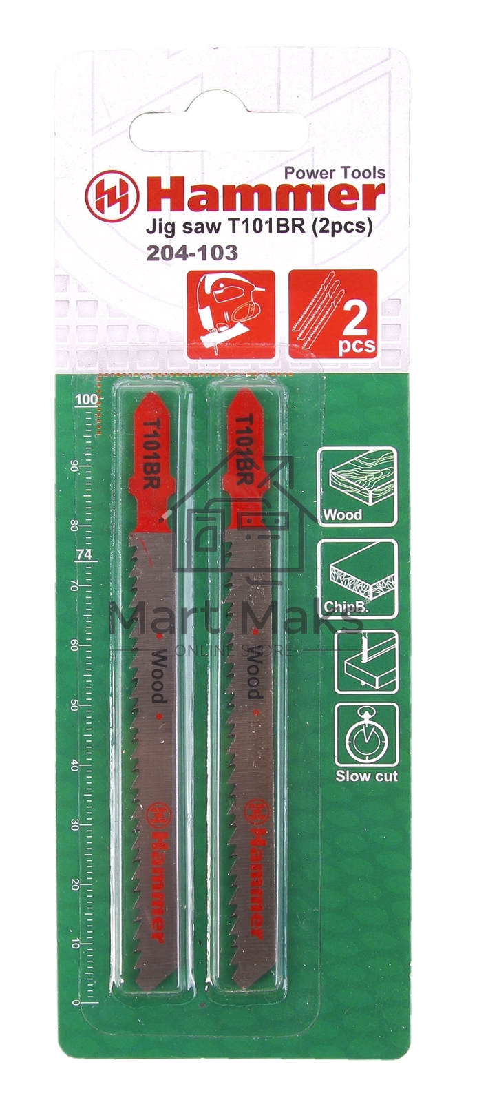 Пилка для лобзика Hammer Flex 204-103 JG WD T101BRдр.\пл, 74мм, шаг 2.5, обр.зуб, HCS, 2шт.