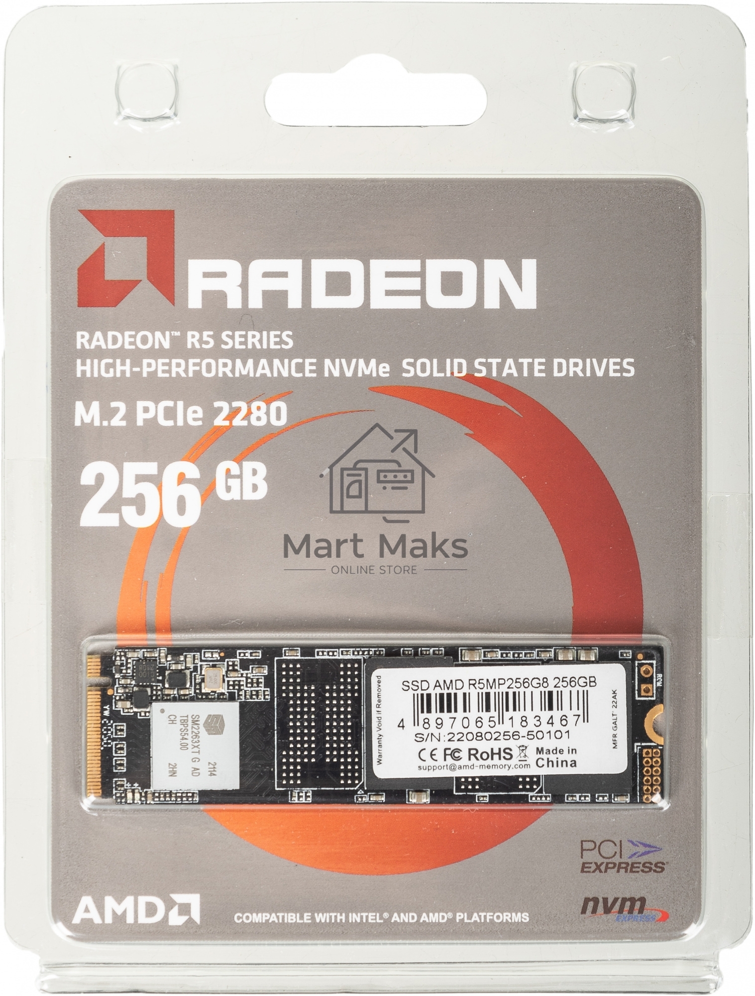 Накопитель SSD AMD Radeon R5 MP256G8, 256Gb, M.2 2280, PCIe 3.0 x4, NVMe, R/W 1780/785