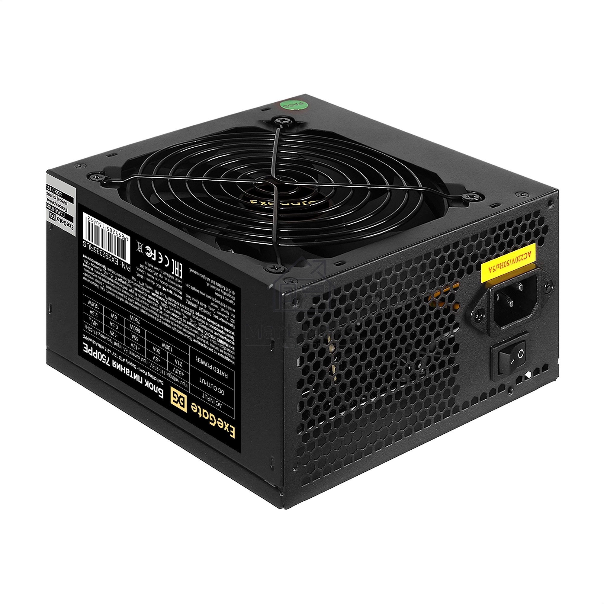 Блок питания ExeGate 750PPE, 750W, (ATX, APFC, PC, КПД 80% (80 PLUS), 12cm fan, 24pin, 2x(4+4)pin, 4xPCI-E, 6xSATA, 3xIDE, black, кабель 220V в комплекте 1,8м)