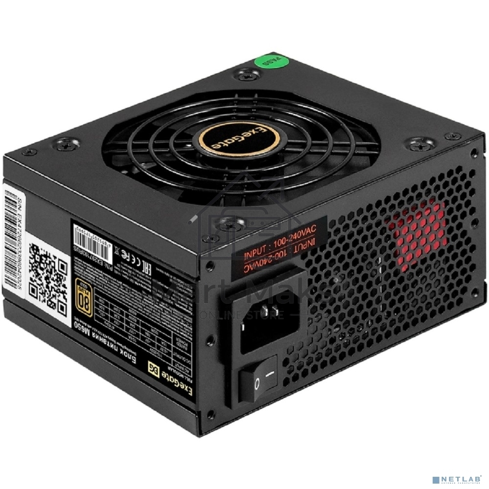 Блок питания 650W ExeGate M650 GOLD (SFX, APFC, КПД 90% (80 PLUS GOLD), 9см fan, 24pin, (4+4)pin, 2xPCI-E, 6xSATA, 3xIDE, 1xFDD, Full Cable Management, black, ATX adapter, Retail box)