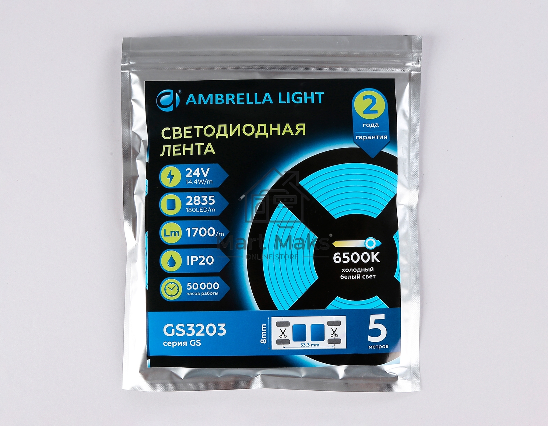 Светодиодная лента Ambrella light GS3213 2835 180Led/ 14.4W m/ 24V IP20 6500K/ 5000*10*1.2mm (2 конт.)