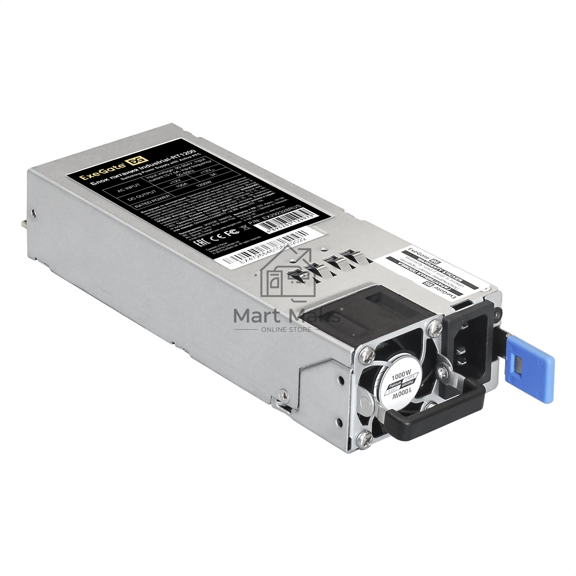 Серверный блок питания 2U Redundant 2x1000W ExeGate EX292323RUS Industrial-RTS1000 (APFC, КПД 94% (80 PLUS Platinum), 4 cm fan, 24pin, 2x(4+4)pin, 2PCIe, 2SATA, 6IDE, Cable Management)