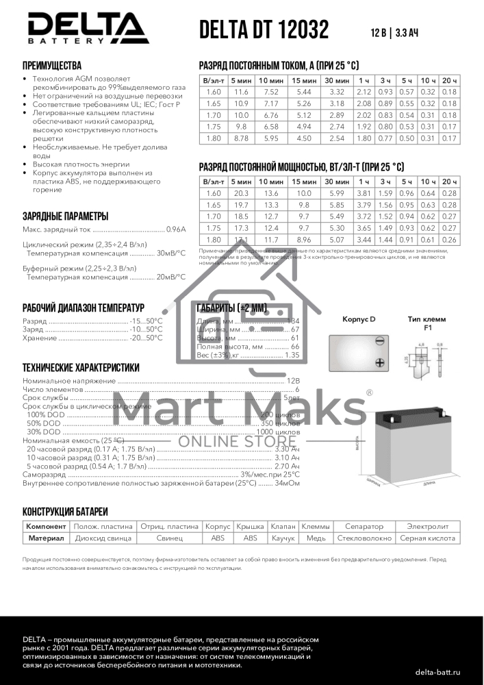 Батарея Delta DT 12032 (12V, 3.2Ah)