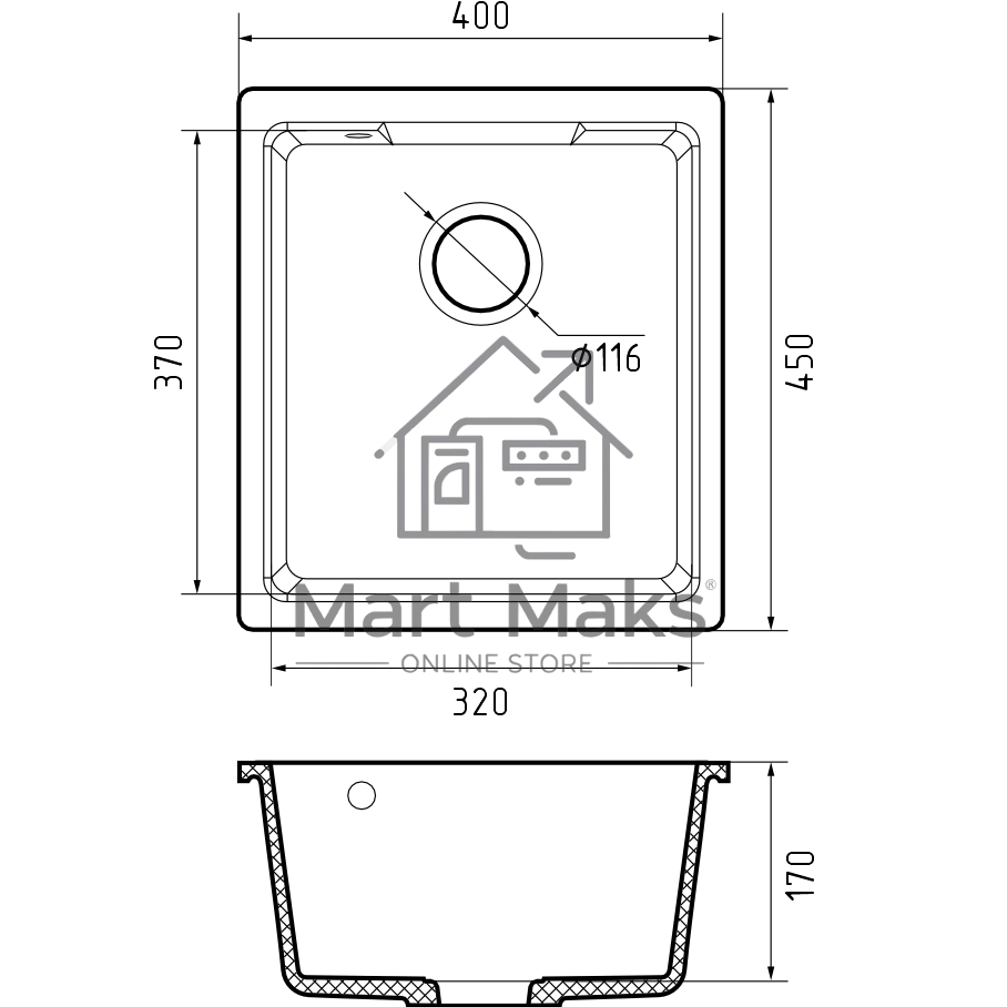 Мойка GRANFEST URBAN 4540 подстольный монтаж 1-чаша 450*400мм, монтаж: универсальный, материал: кварц, черный