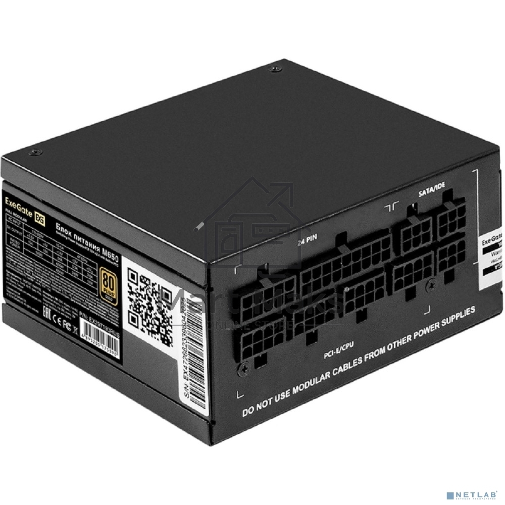 Блок питания 650W ExeGate M650 GOLD (SFX, APFC, КПД 90% (80 PLUS GOLD), 9см fan, 24pin, (4+4)pin, 2xPCI-E, 6xSATA, 3xIDE, 1xFDD, Full Cable Management, black, ATX adapter, Retail box)