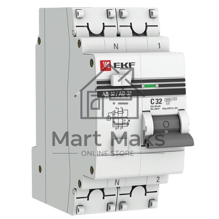 Выключатель автоматический дифференциального тока EKF DA32-32-30-pro АД-32 1P+N 32А/30мА (хар. C, AC, электронный, защита 270В) 4,5кА EKF PROxima