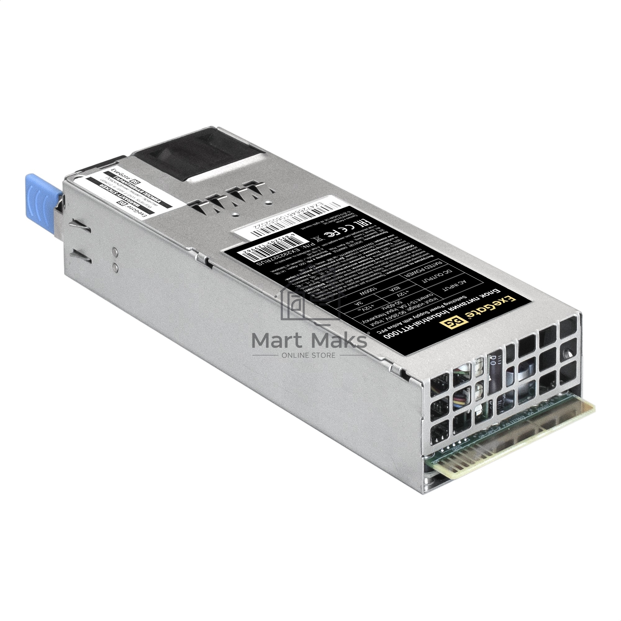 Серверный блок питания 2U Redundant 2x1000W ExeGate EX292323RUS Industrial-RTS1000 (APFC, КПД 94% (80 PLUS Platinum), 4 cm fan, 24pin, 2x(4+4)pin, 2PCIe, 2SATA, 6IDE, Cable Management)