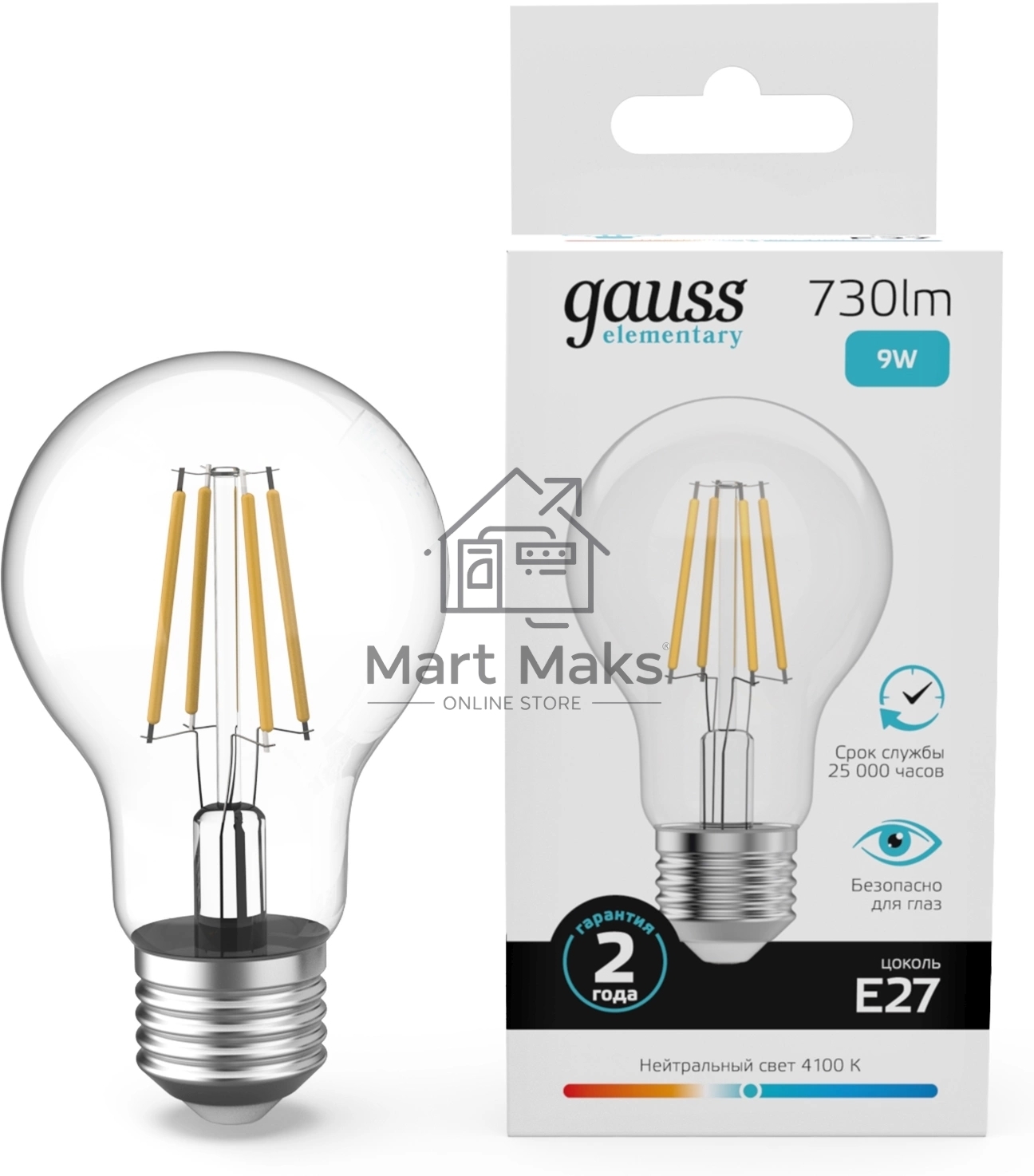 Лампа филам. Gauss Filament 9Вт цок.:E27 груша св.свеч.бел.нейт. (упак.:10шт) (22229)