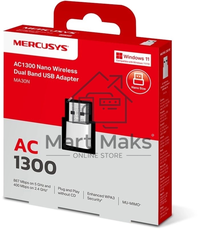 Mercusys MA30N Сверхкомпактный двухдиапазонный USB-адаптер Wi-Fi AC1300