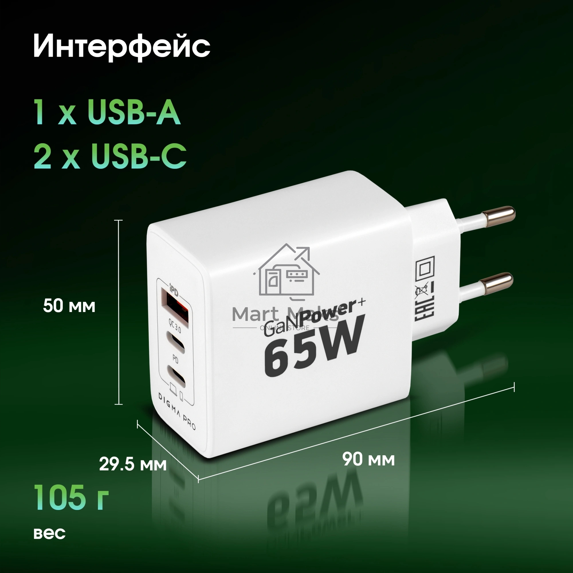Сетевое зарядное устройство Digma Pro DPW6B 65W 3.25A (PD+QC) 2хUSB-C/USB-A универсальное белый (DPW6B5GX12WH)