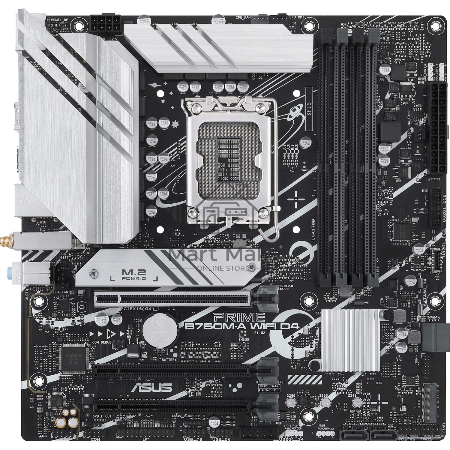Материнская плата ASUS PRIME B760M-A WIFI D4, LGA 1700, Intel B760, 4xDDR4, 4xSATA, 2xM.2, 1xPCIe 4.0 x16, 1xPCIe 4.0 x4, 1xPCIe 4.0 x1, 2xHDMI, 1xDP, 1x 2.5Gb LAN, 2xUSB-A 3.2 Gen 2, 4xUSB-A 2.0, 3x3.5 мм, 7.1, mATX