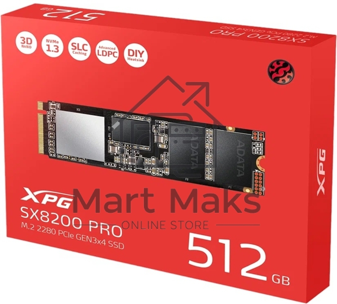 Накопитель SSD XPG SX8200 Pro, 512 ГБ, PCIe 3.0 x4, M.2 2280, NVMe, R/W 3350/2350, с радиатором