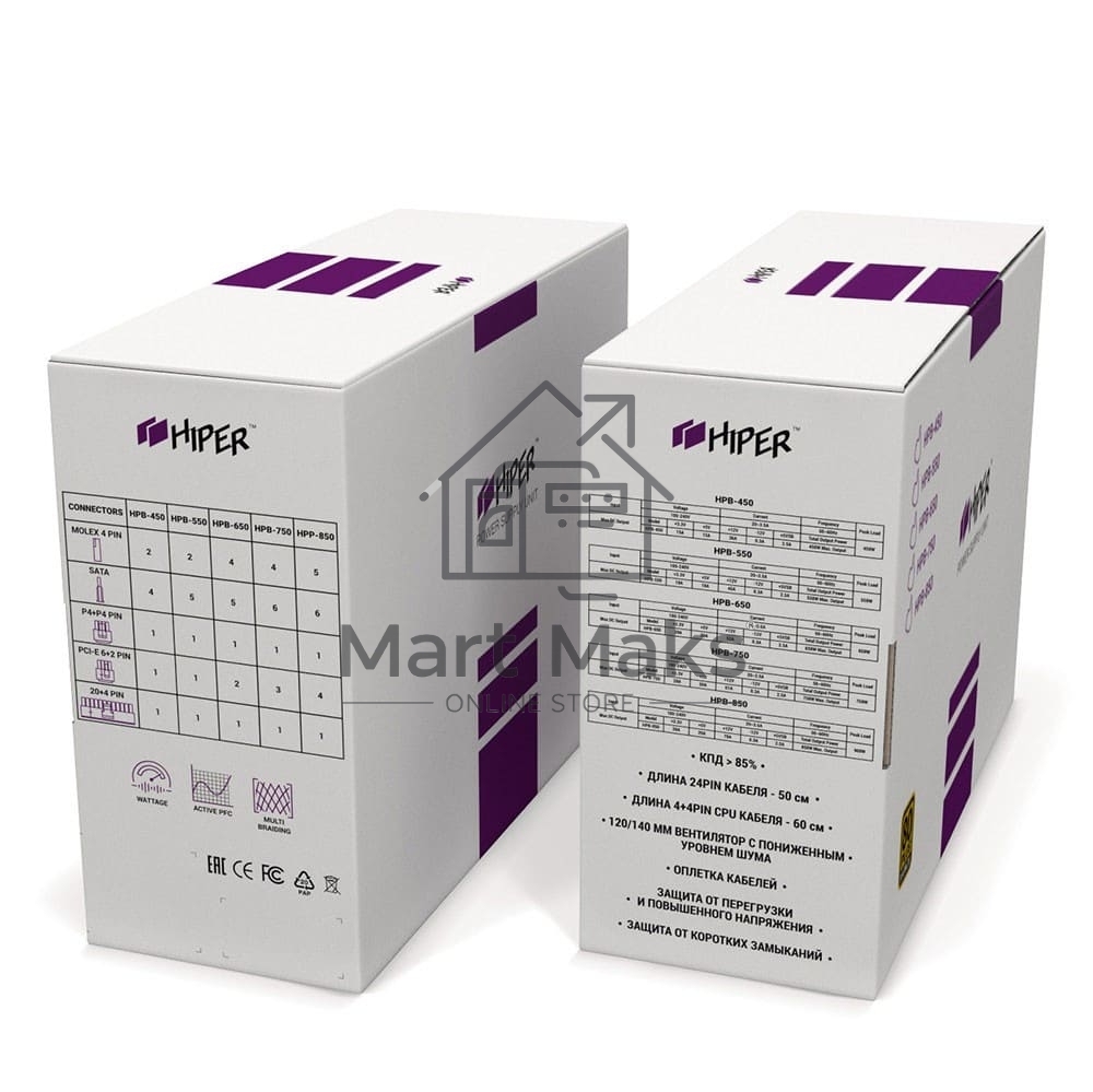 Блок питания HIPER HPB-600 BOX, 600Вт, 80 PLUS Bronze, 140мм, черный