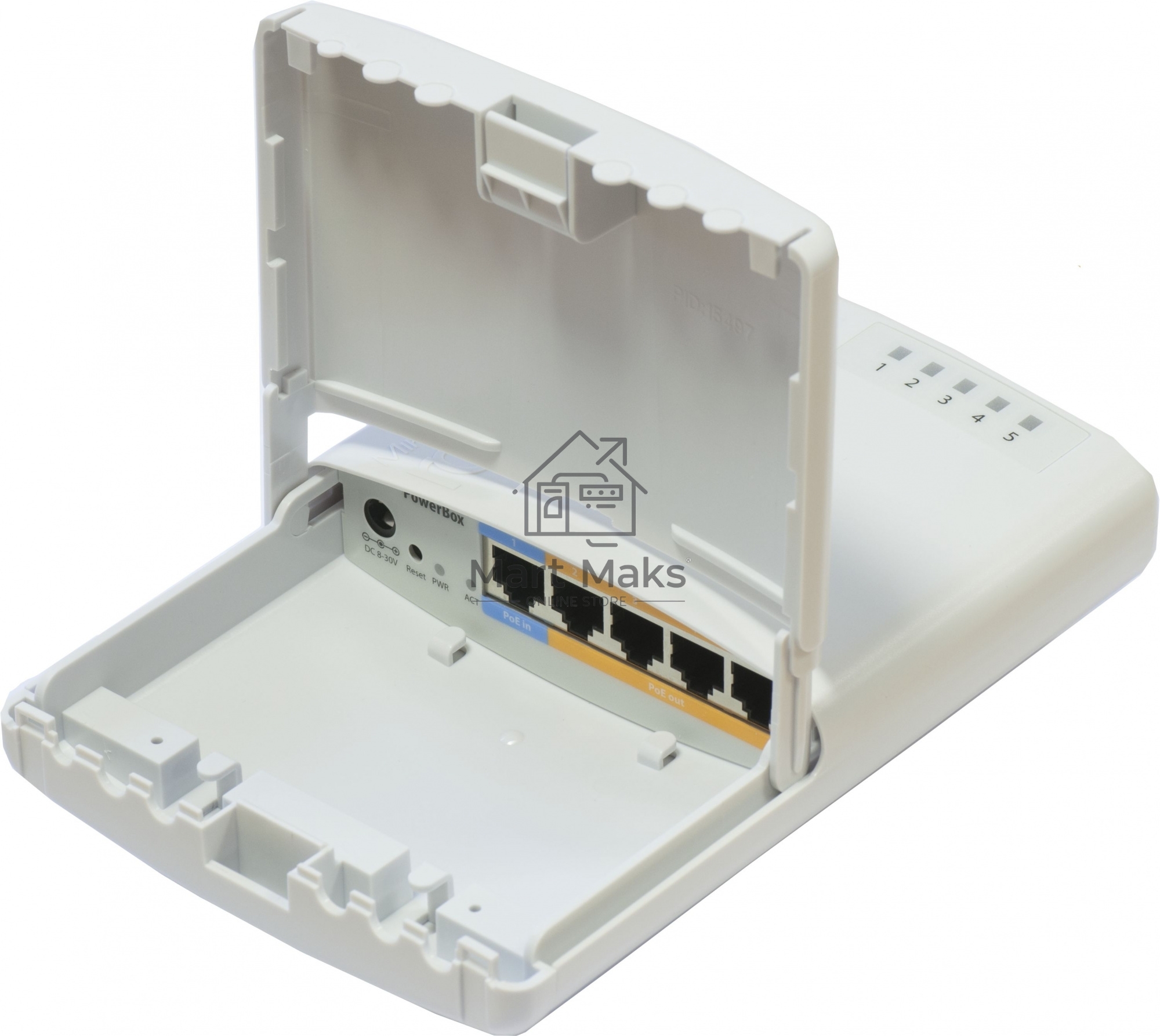 Маршрутизатор MikroTik RB750P-PBr2 PowerBox with 650MHz CPU, 64MB RAM, 5xLAN (four with PoE out), RouterOS L4, outdoor case, PSU, PoE, mounting set