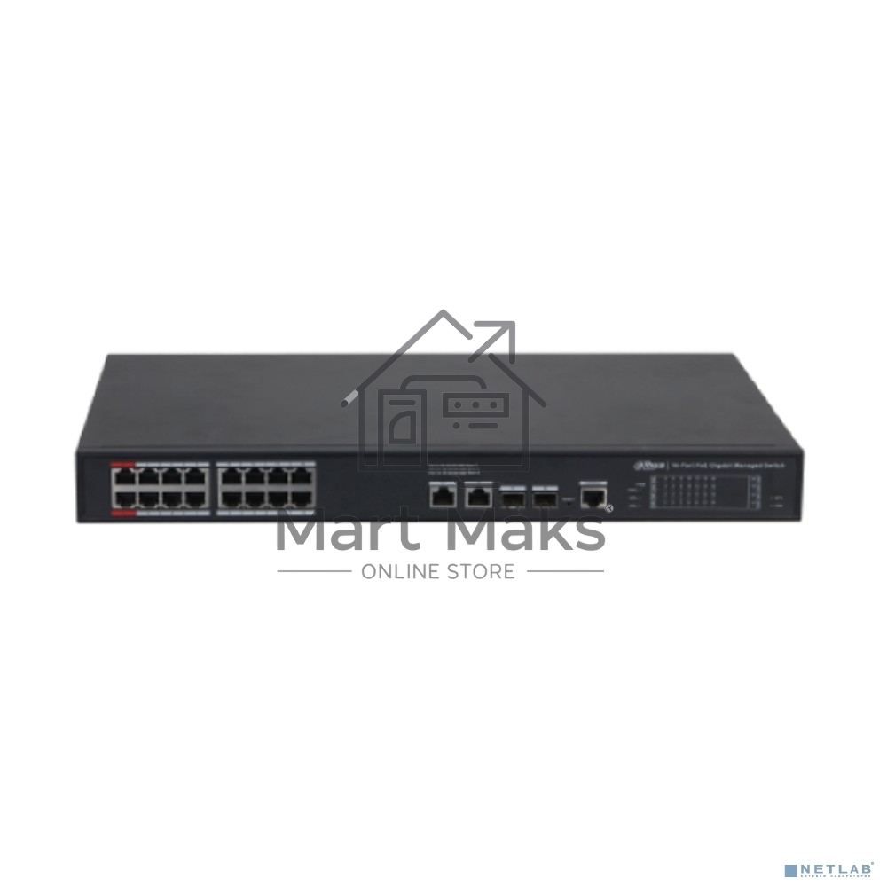 Коммутатор 20-портовый гигабитный управляемый с PoE DAHUA DH-S4220-16GT-240, уровень L2, 16xRJ45 1Gb PoE, 2xRJ45 1Gb, 2xSFP 1Gb, суммарно до 240Вт, коммутация 56 Гбит/с, MAC-таблица 8к, металл