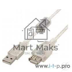 Кабель удлинитель USB2.0 Pro Cablexpert CCF-USB2-AMAF-TR-15, AM/AF, 4,5м, экран, 2феррит.кольца, прозрачный, пакет