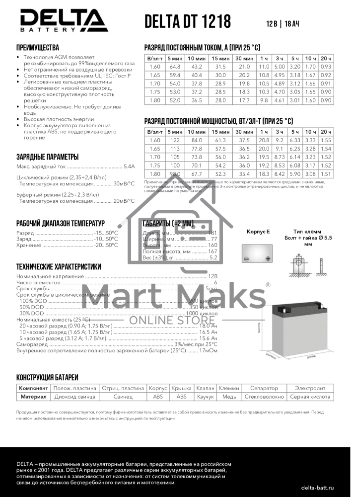 Батарея Delta DT 1218 (12V, 18Ah)