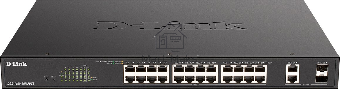 Настраиваемый L2 коммутатор D-Link DGS-1100-26MPPV2/A3A с 24 портами 10/100/1000Base-T и 2 комбо-портами 1000Base-T/SFP (порты 1-24 PoE 802.3af/at, порты 21-24 PoE 802.3bt, PoE-бюджет 525 Вт)