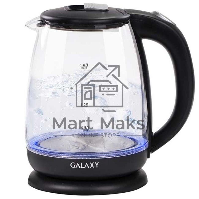 Чайник электрический Galaxy Line GL 0554, черный, стекло, 2000 Вт, 1,8 л, LED-подсветка, шкала уровня воды, корпус из термостойкого стекла