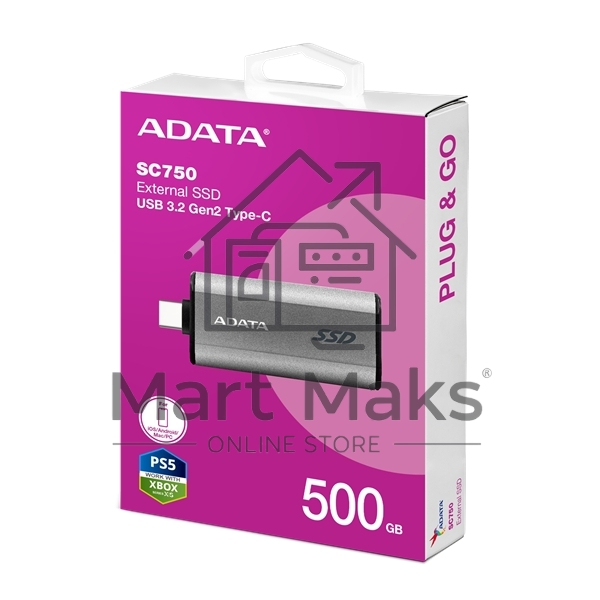 Твердотельный диск A-DATA External SC750 серый SC750-500G-CCBK 500GB USB 3.2 Gen 2 Type-C, R/W -1050/1000 MB/s
