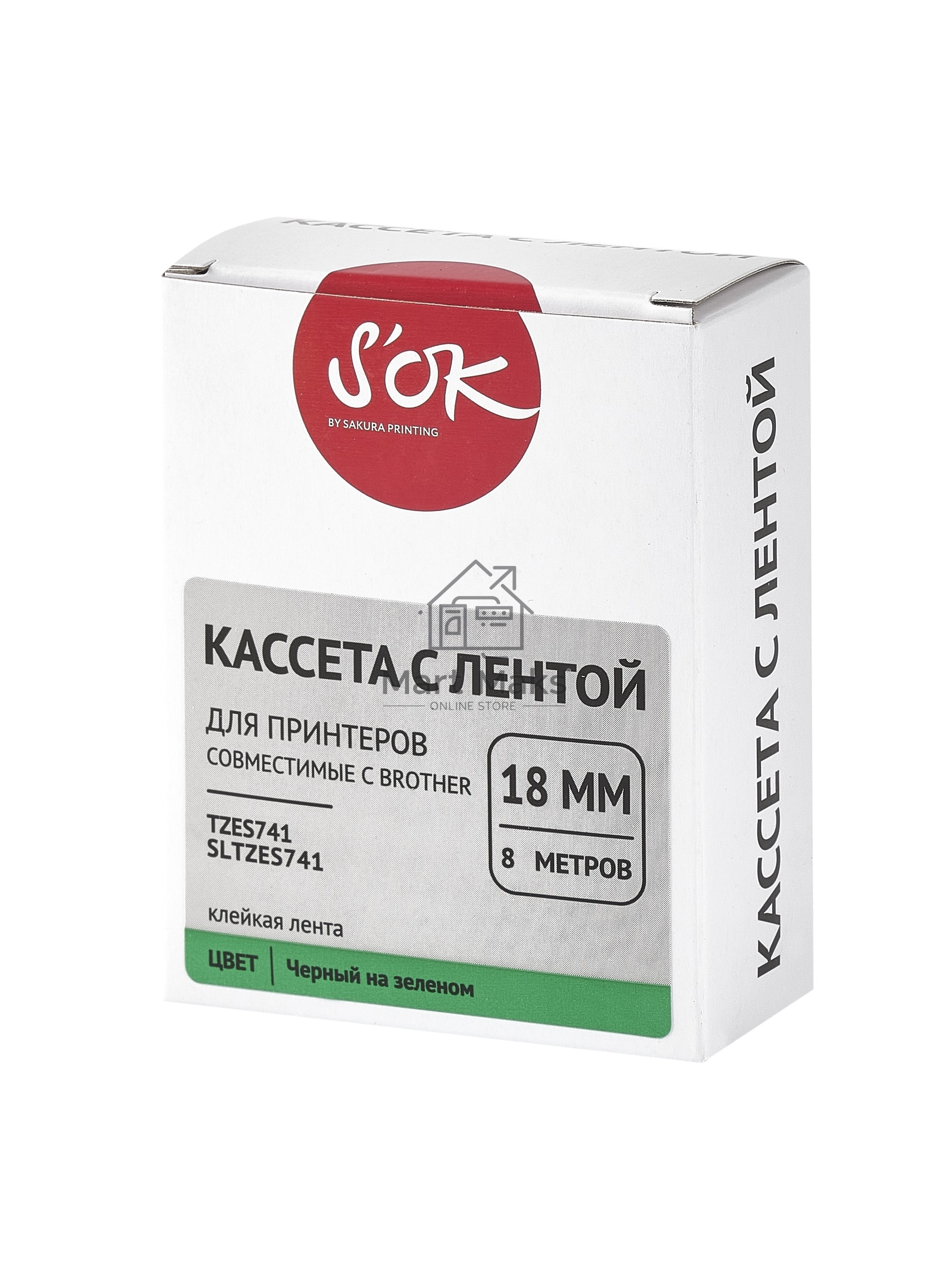 Кассета с лентой S'OK by Sakura Printing TZES741 для Brother, черный на зеленом, 18мм/8м, наклейка
