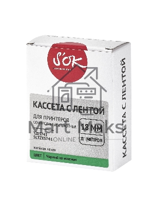 Кассета с лентой S'OK by Sakura Printing TZES741 для Brother, черный на зеленом, 18мм/8м, наклейка