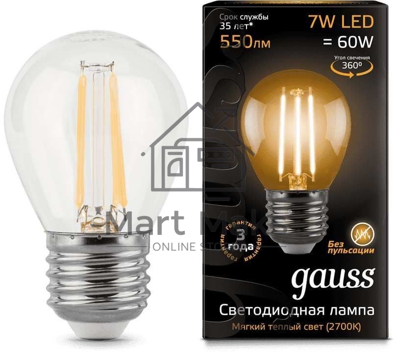 Светодиодная лампа GAUSS 105802107 LED Filament Шар E27 7W 550lm 2700K 1/10/50