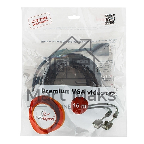 Кабель VGA Premium Cablexpert CC-PPVGA-15M-B, 15M/15M, 15м, черный, тройной экран, феррит.кольца, пакет