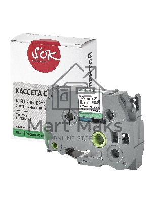 Кассета с лентой S'OK by Sakura Printing TZES741 для Brother, черный на зеленом, 18мм/8м, наклейка