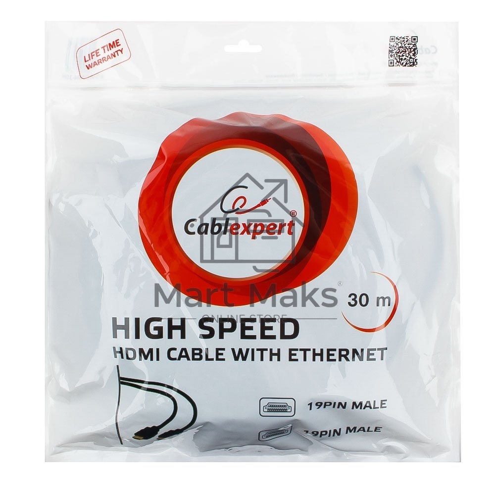Кабель Cablexpert HDMI CC-HDMI4-30M, 19M/19M, v1.4, медь, позол.разъемы, экран, усилитель сигнала, 30м, черный, пакет