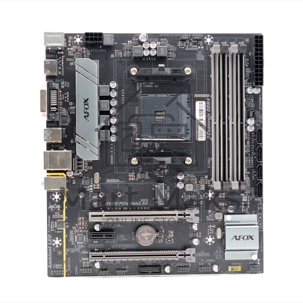 Материнская плата AFOX B550-MA-V2, AM4, AMD B550, 2xDDR4, 1xPCI-E 4.0 x16, 1xPCI-E 4.0 x4, 1xM.2, 4xUSB-A 3.2 Gen 1, 1xHDMI, 1xVGA, 1xDVI-I, 1x 1Gb LAN, 3x3.5 мм, 5.1, microATX