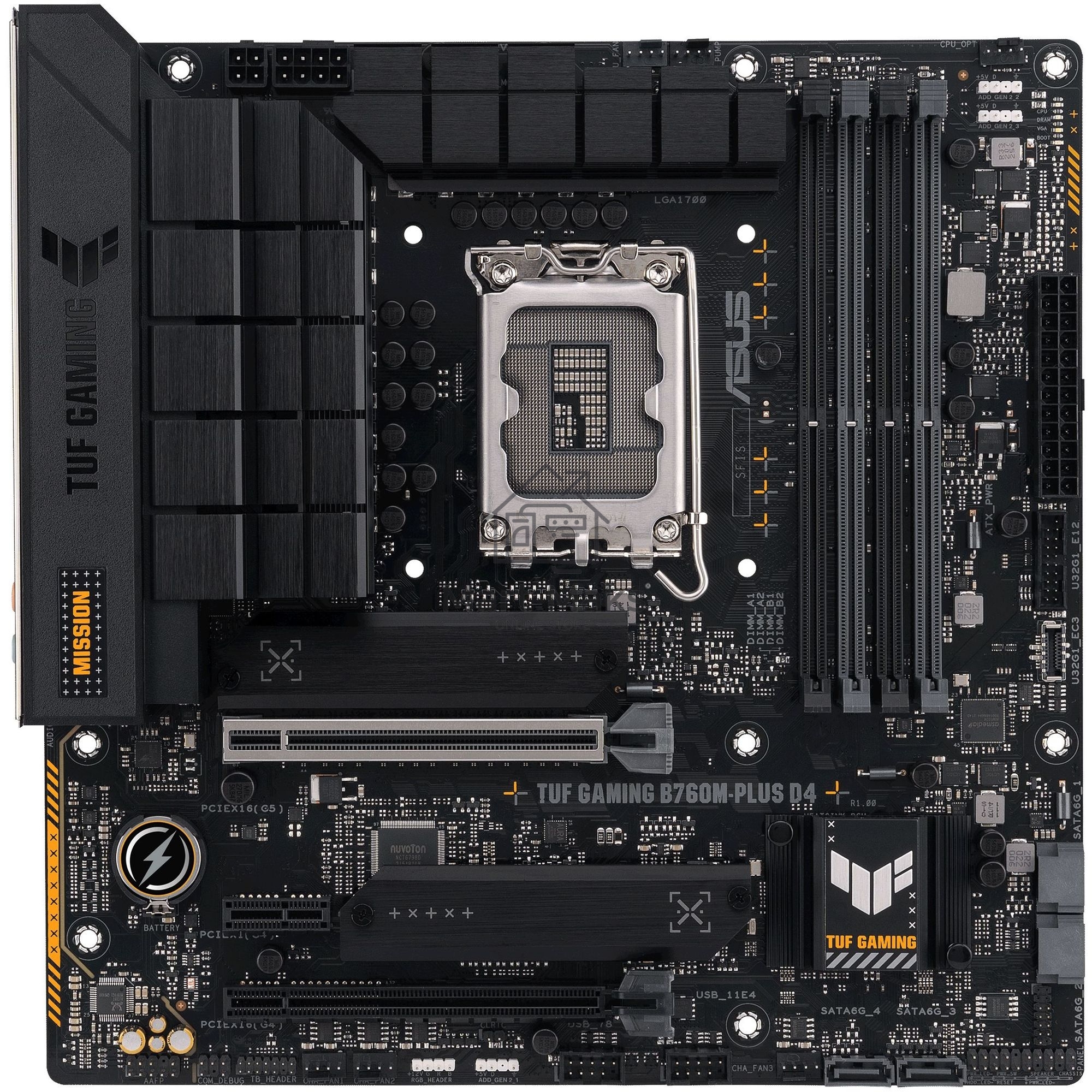 Материнская плата ASUS TUF GAMING B760M-PLUS D4, LGA1700, Intel B760, 4xDDR4, 4xSATA, 2xM.2, 1xPCIe 5.0 x16, 1xPCIe 4.0 x4, 1xPCIe 4.0 x1, 1xDP, 1xHDMI, 1x2.5Gb LAN, Wi-Fi, Bluetooth, 1xUSB-C 20Gbps, 4xUSB-A 10Gbps, 1xUSB-A 5Gbps, 2xUSB-A 2.0, 5x3.5 мм, 7