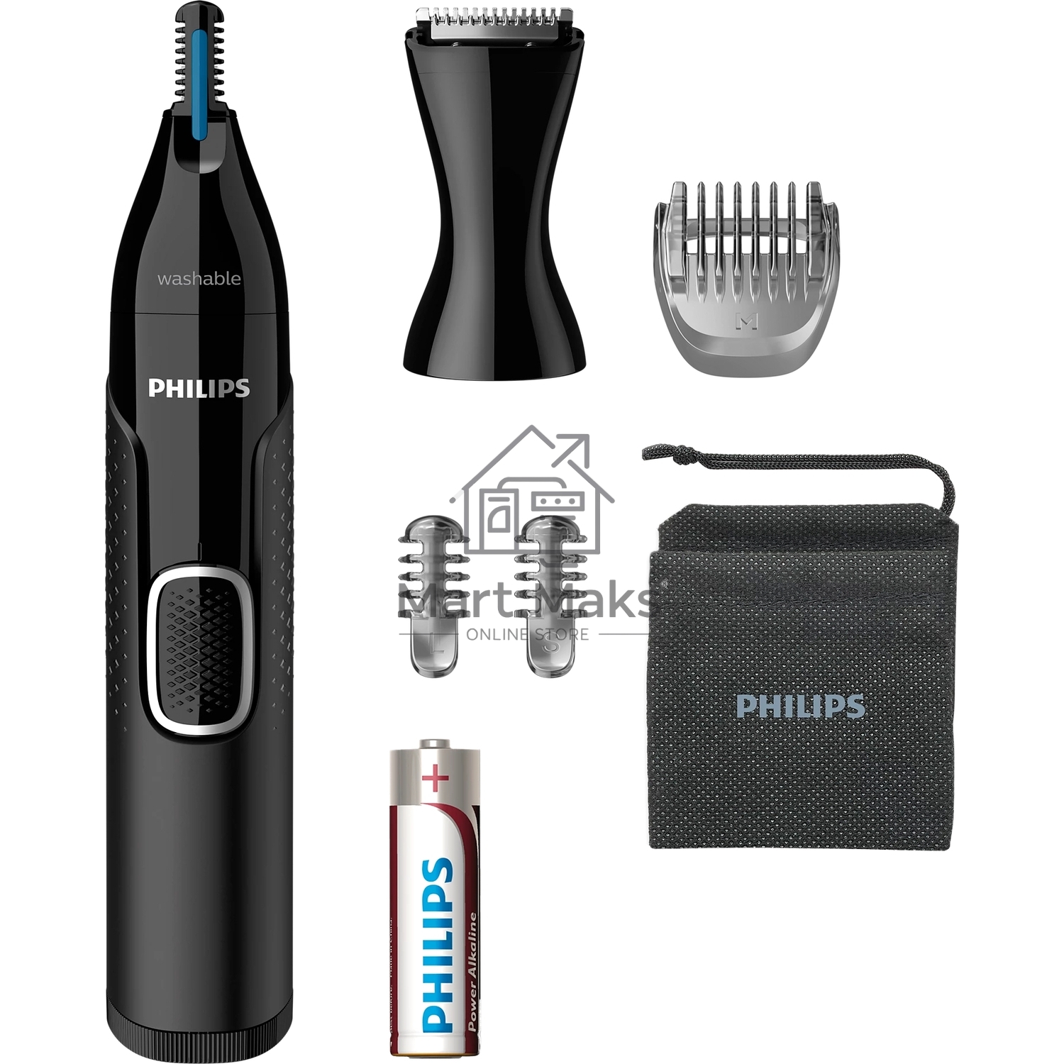 Триммер Philips для носа и ушей, черный, корпус - пластик, 3 насадки-гребня, насадка - триммер, щеточка для очистки, мягкий чехол, батарейка