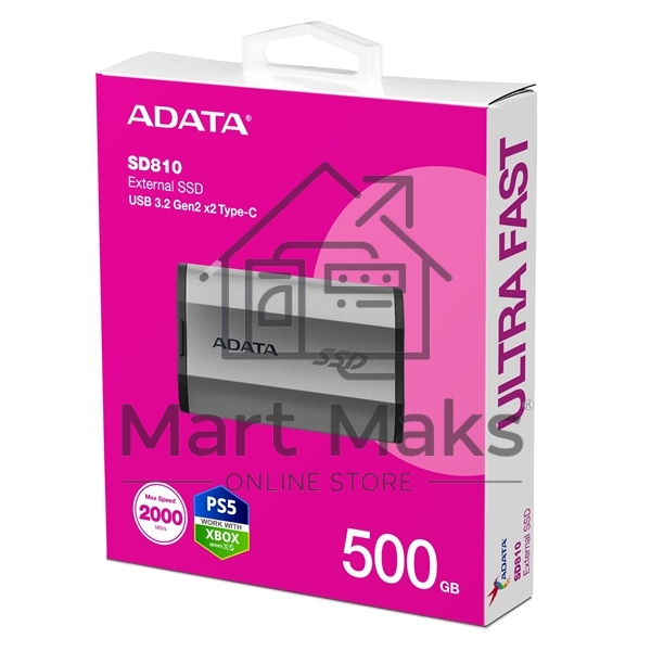 Внешний накопитель SSD A-DATA SD810, External, USB 3.2 Type-C, 500GB [R/W -2000/2000 MB/s] серый
