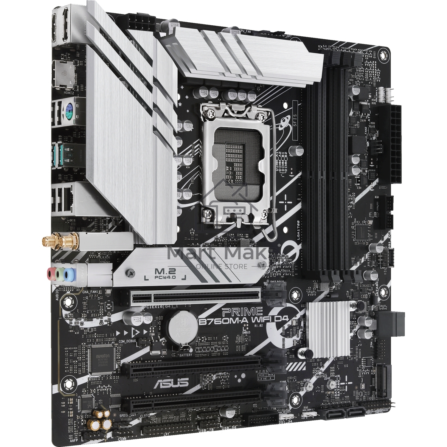 Материнская плата ASUS PRIME B760M-A WIFI D4, LGA 1700, Intel B760, 4xDDR4, 4xSATA, 2xM.2, 1xPCIe 4.0 x16, 1xPCIe 4.0 x4, 1xPCIe 4.0 x1, 2xHDMI, 1xDP, 1x 2.5Gb LAN, 2xUSB-A 3.2 Gen 2, 4xUSB-A 2.0, 3x3.5 мм, 7.1, mATX