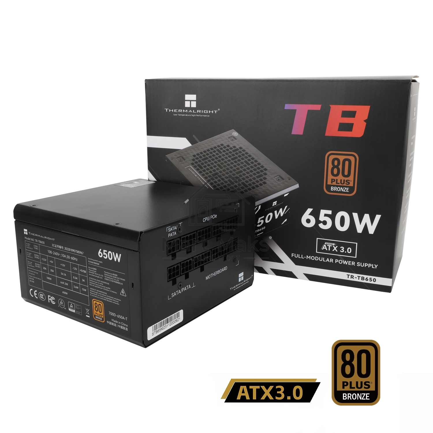 Блок питания Thermalright, 650W 80+ Bronze (ATX, 3.0, Full modular, 1x24(20+4)pin, 2xCPU 8(4+4)pin, 4xPCIe*2 8(6+2)pin, 3xSATA3, 3xMOLEX4pin, Active, 120x120mm, 150x140x86mm, APFC, black)