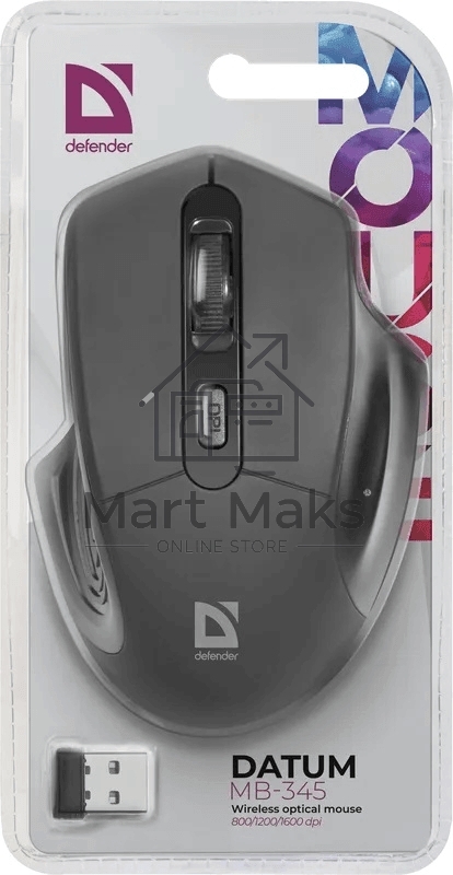 Мышь беспроводная Defender Datum MB-345 черный, 1600 dpi, радиоканал, USB, кнопки - 4