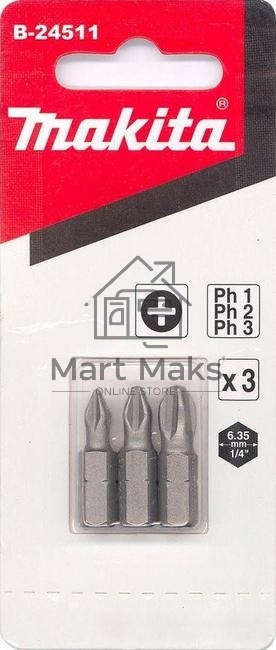 Набор бит MAKITA B-24511Рh1,Ph2,Ph3, 25мм, 3шт.