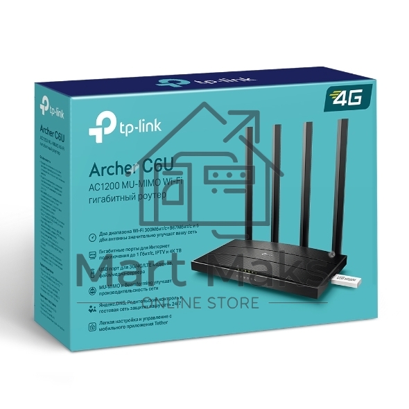 Роутер беспроводной TP-Link Archer C6U AC1200 10/100/1000BASE-TX/4G ready черный