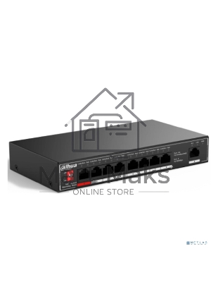 Коммутатор неуправляемый 9-портовый с РоЕ Dahua DH-SF1009P, 8xRJ45 100Mb PoE, 1xRJ45 100Mb uplink, суммарно 96Вт, коммутация 1.8 Гбит/с, MAC-таблица 2K, металл