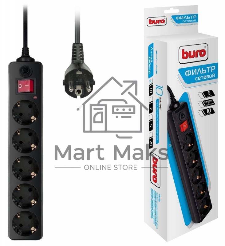 Сетевой фильтр Buro 500SH-1.8-B 1.8м (5 розеток) черный (коробка)